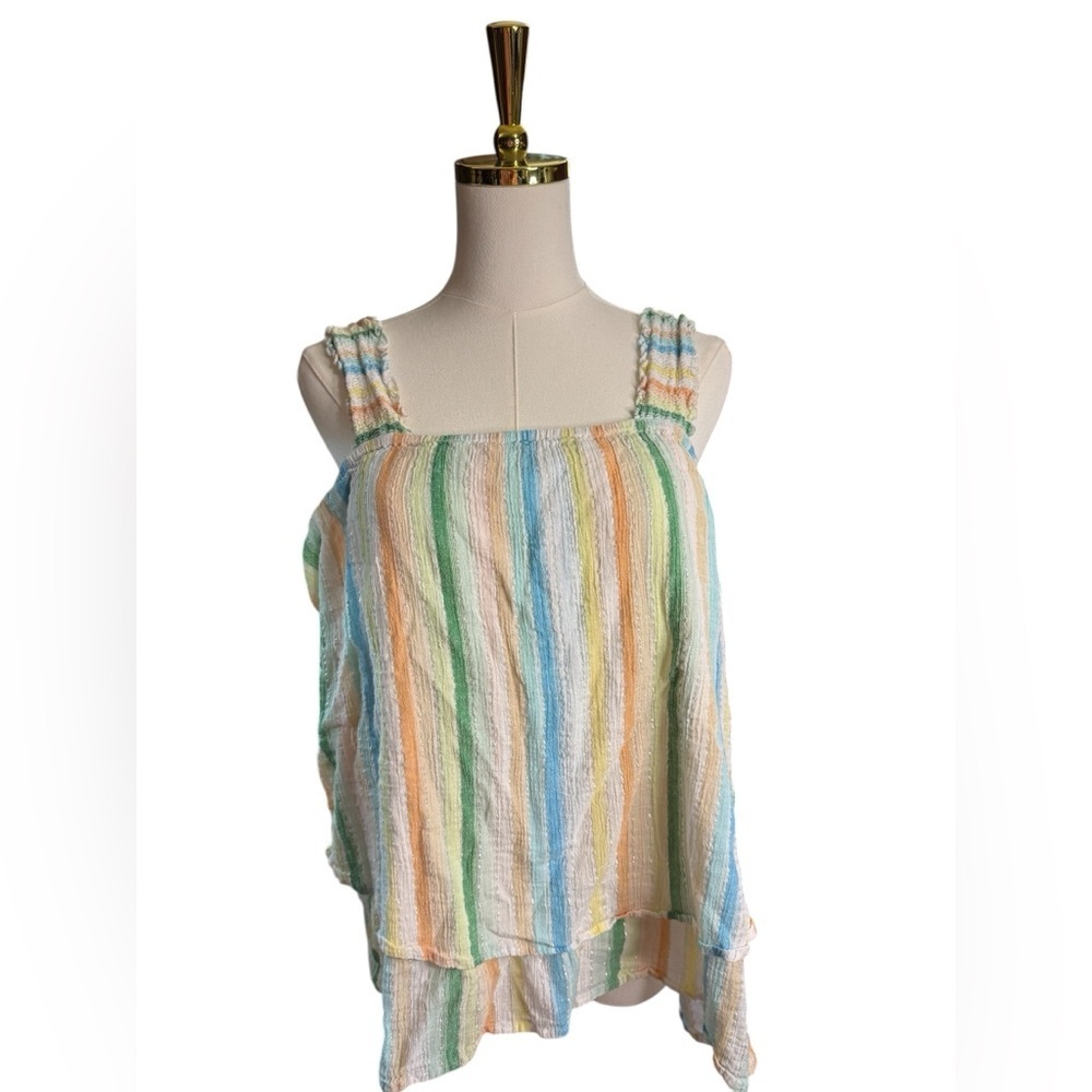 Pastel Striped Tank Top - Yellow Blue Pink Green Silver Embellishment Size 18 20